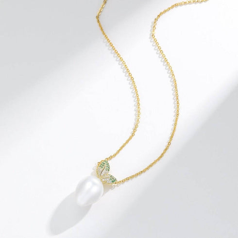 11-13mm Freshwater Baroque CZ Leaf Pendant Necklace - House Of Pearls